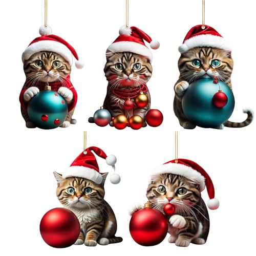 Vordpe 5 colgantes de árbol de Navidad con gatos, adornos decorativos de dibujos animados de gato, adornos decorativos 2D, divertidos colgantes de Navidad, decoración para árbol de Navidad, decoración