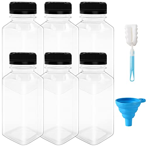 WAIZHIUA 6 Piezas 250ml Botellas de Plástico Reutilizables para Jugo, Botellas Transparentes Vacías Contenedores de Bebidas con Embudo y Cepillo para Zumos Batidos Agua Smoothies Bebidas Caseras