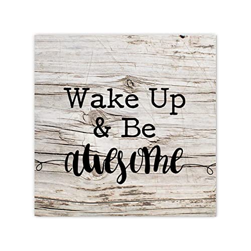 Wake Up & Be Awesome - Lienzo con cita inspiradora y dicho arte de pintura en lienzo con frases motivacionales, arte de pared para oficina o sala de estar, decoración del hogar, 12 x 12 pulgadas
