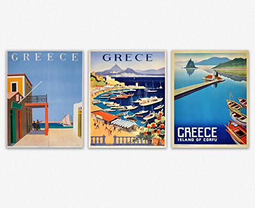 WallBuddy Juego de 3 pósteres griegos de Viaje de Grecia, Juego de pósteres griegos de Arte turístico Griego, Arte de Grecia, Carteles de Atenas, 13 x 19