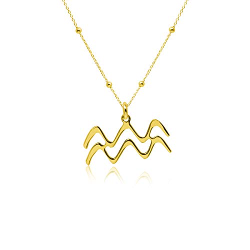 WANDA PLATA- Collar Símbolos del Zodíaco Acuario para Mujer Plata de Ley 925 con Baño de Oro, Colgante Horóscopo, Astrología