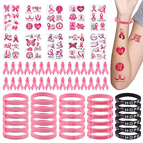WANDIC Kit de concienciación sobre el cáncer de mama, 10 calcomanías de tatuaje de cinta rosa y 30 pines libres de cáncer y 30 pulseras de goma de silicona para eventos de caridad de salud de mujer