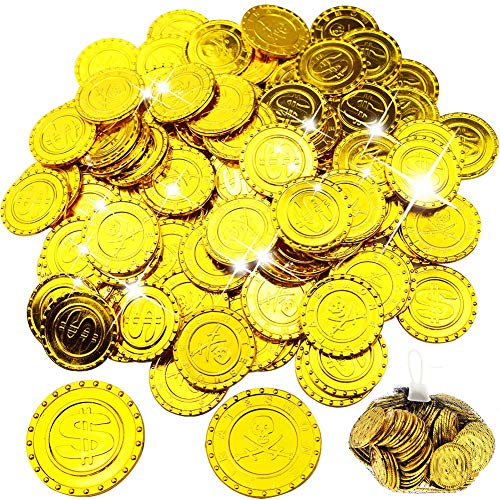 WELLXUNK Monedas Oro,100 Moneda de Fiesta Piratas,Monedas de Oro plástico,Conjunto de Juguete Joya Moneda de Oro para Niños Fiesta Pirata Infantil Cumpleaños Regalo