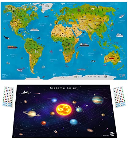 WIDETA Mapa del mundo ilustrado en español, para niños y adultos/Póster gran formato (82 x 44 cm), Papel sólido (gramaje 300g/m²) y laminado/Incluidos Póster del sistema solar y Adhesivos
