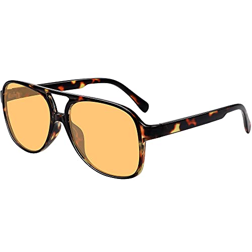 WOWSUN Gafas de sol vintage estilo aviador para mujeres y hombres, gafas de sol clásicas retro de los años 70, Marco Leopardo Lente Amarillo, Medium