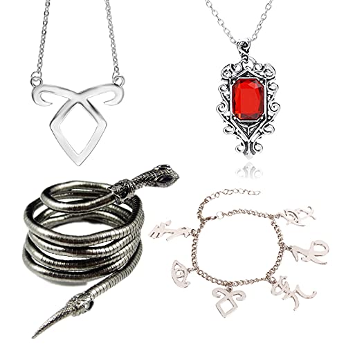 XHBTS Juego de 4 pulseras de serpiente con látigo eléctrico de la ciudad de los huesos de Isabelle Lightwood inspiradas en símbolos de runa de poder angelical y collar