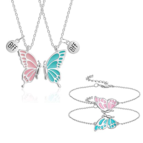 XPEX Juego de collar de amistad para 2 mujeres y niñas, collar BFF, colgante de joyería de mariposa y 2 pulseras de mariposa, collares de amistad, regalos para amigos, joyería personalizada