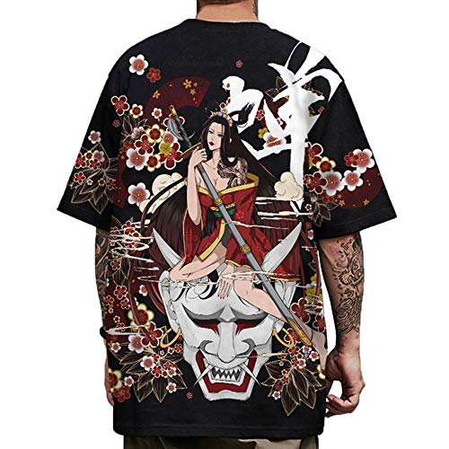 XYXIONGMAO Camisetas con estampado gráfico japonés Geisha Kanji, unisex, camiseta de anime, ropa de calle, camiseta hip hop para hombre, Negro -, Large