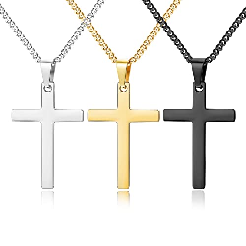 YADOCA 3 Piezas Colgante de Cruz de Acero Inoxidable con Cadena de 50 cm para Hombre y Mujer Plata Oro Negro