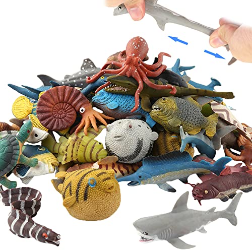 YeoNational&Toys Animal Marino, 18 Paquetes de Juguetes de Goma de baño, Fiesta de Las Figuras del de Juguete de baño Flotante y Blando, baño con tiburón