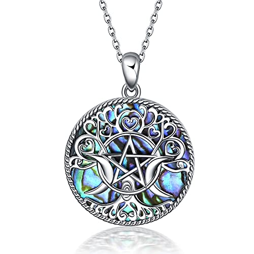 YFN Triple Moon Goddess Collar de plata esterlina Pentagram Pentacle Colgante collar Pagan Wiccan Magic Amuleto Árbol de la vida Joyas para mujeres Hombres