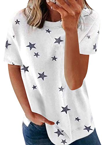 YMING Camisa Básica De Verano para Mujer Camisa De Verano De Manga Corta Informal Camiseta con Estampado De Estrellas Blanco L