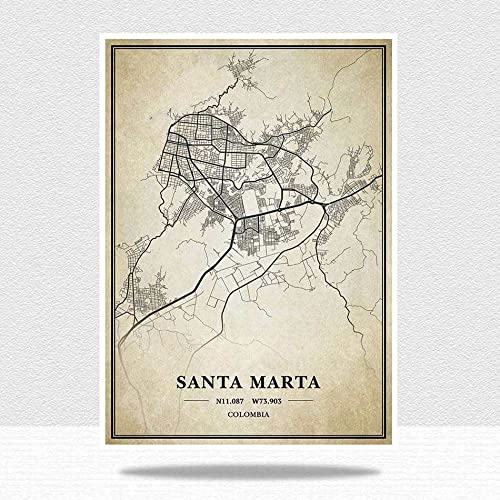 YMXCNM Cuadro sobre Lienzo,Colombia Santa Marta Vintage City Map Posters Prints Artwork Unframed Pictures Modern Personalization Paintings Christmas Souvenir Gift Home Decor, 30X40Cm / 11.81X15.74 In