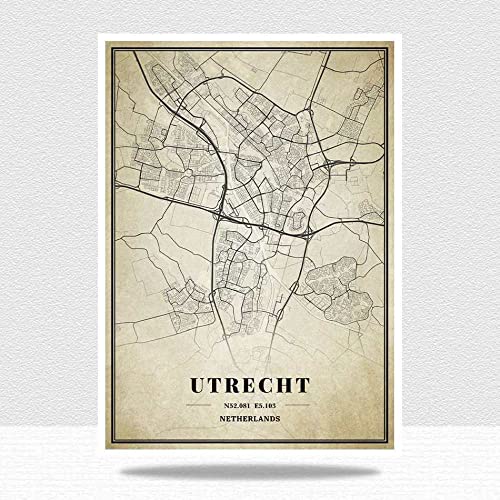 YMXCNM Cuadro Sobre Lienzo,Países Bajos Utrecht Mapa Imágenes De Pared Impresiones Grandes Carteles Vintage City Paintings Art Rectangle Pop Murals Artwork For Home Decor,20X30 Cm/7.87X11.81 In