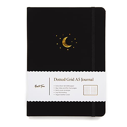 Yop & Tom - Diario de punteado A5, luna y estrellas, con papel extra grueso (160 g/m²) (Carbón)