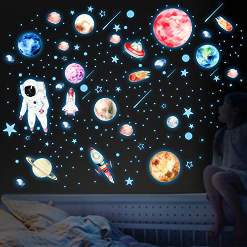 Yosemy Luminoso Pegatinas de Pared Astronauta Estrellas Pegatina Pared Fluorescentes para Techo Planeta Luminosas Adhesivos Decoración para Dormitorio para Niños Infantil Azul