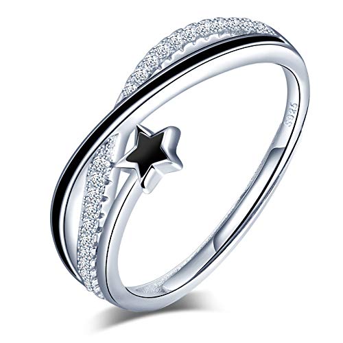 Yumilok Anillo de plata de ley 925 para mujer, anillo abierto de estrella fugaz, incrustación de circón, tamaño ajustable, regalo de cumpleaños de Navidad, tamaño adecuado: 49-57