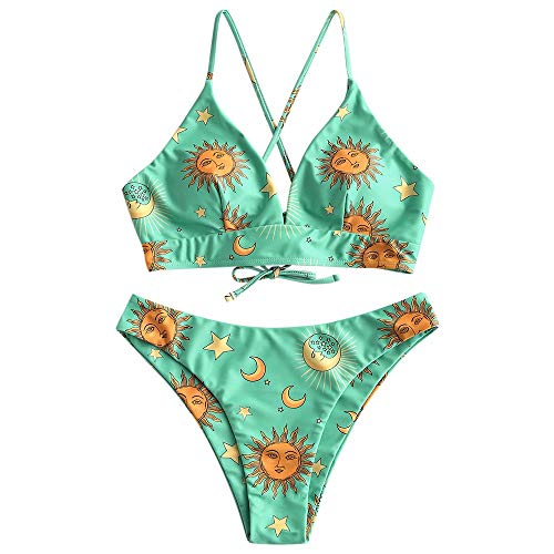 ZAFUL Bikini Set Triangular con Relleno Tirantes Anudados Cruzados en la Espalda para Mujer 2019 (Verde, S)
