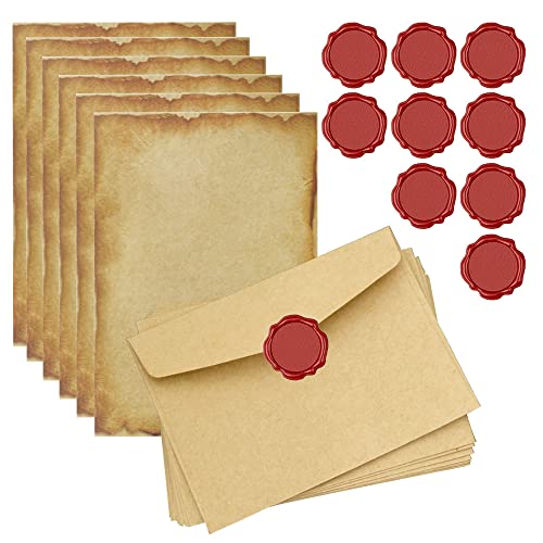 Zasvec Set de Escritura Letter Sobres de Papelería Anticuada Carta Personalizada Papel de Carta Vintage, Incluir 10 Sobres, 20 Papel Antiguo y 10 Pegatinas Sellos de Cera